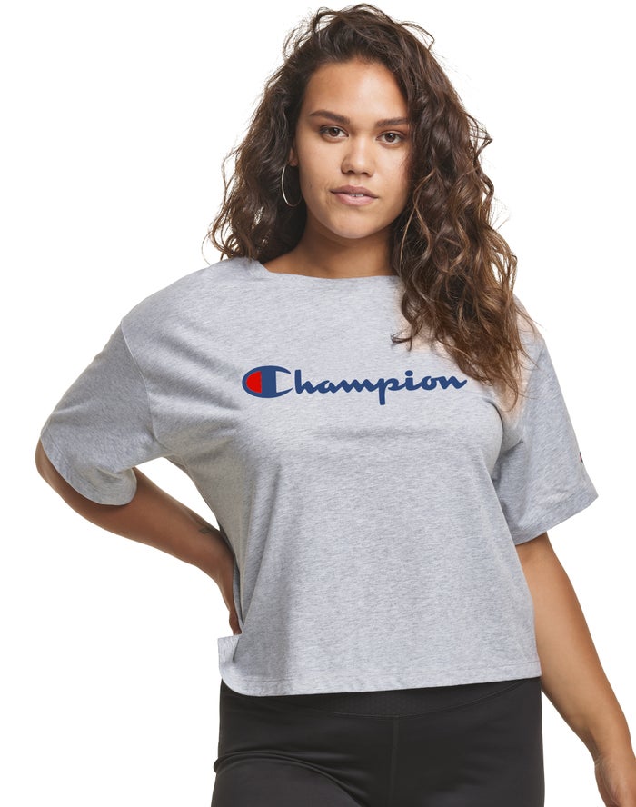 Champion Dame T-Shirts Grå - Plus Cropped Script C Logo - Danmark JLZ-231079